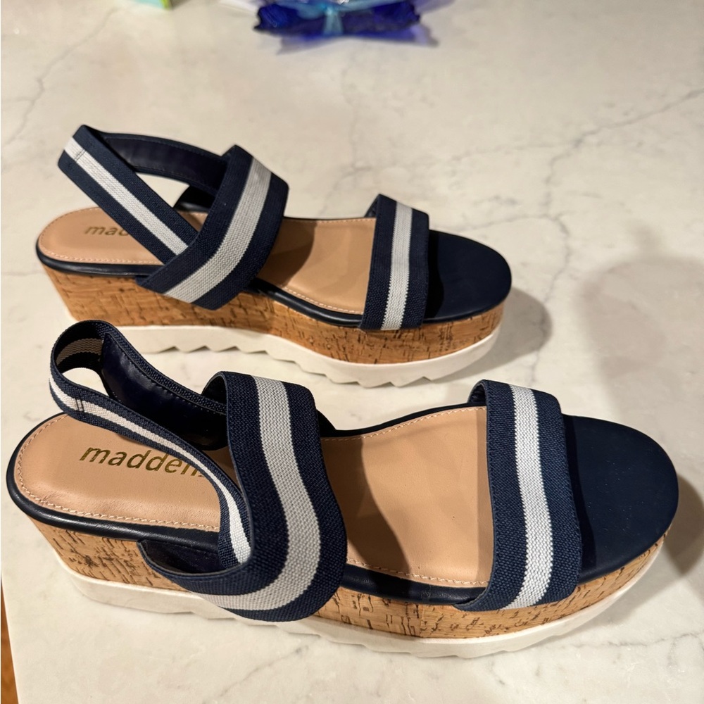 Madden NYC Navy and White Wedge Sandals